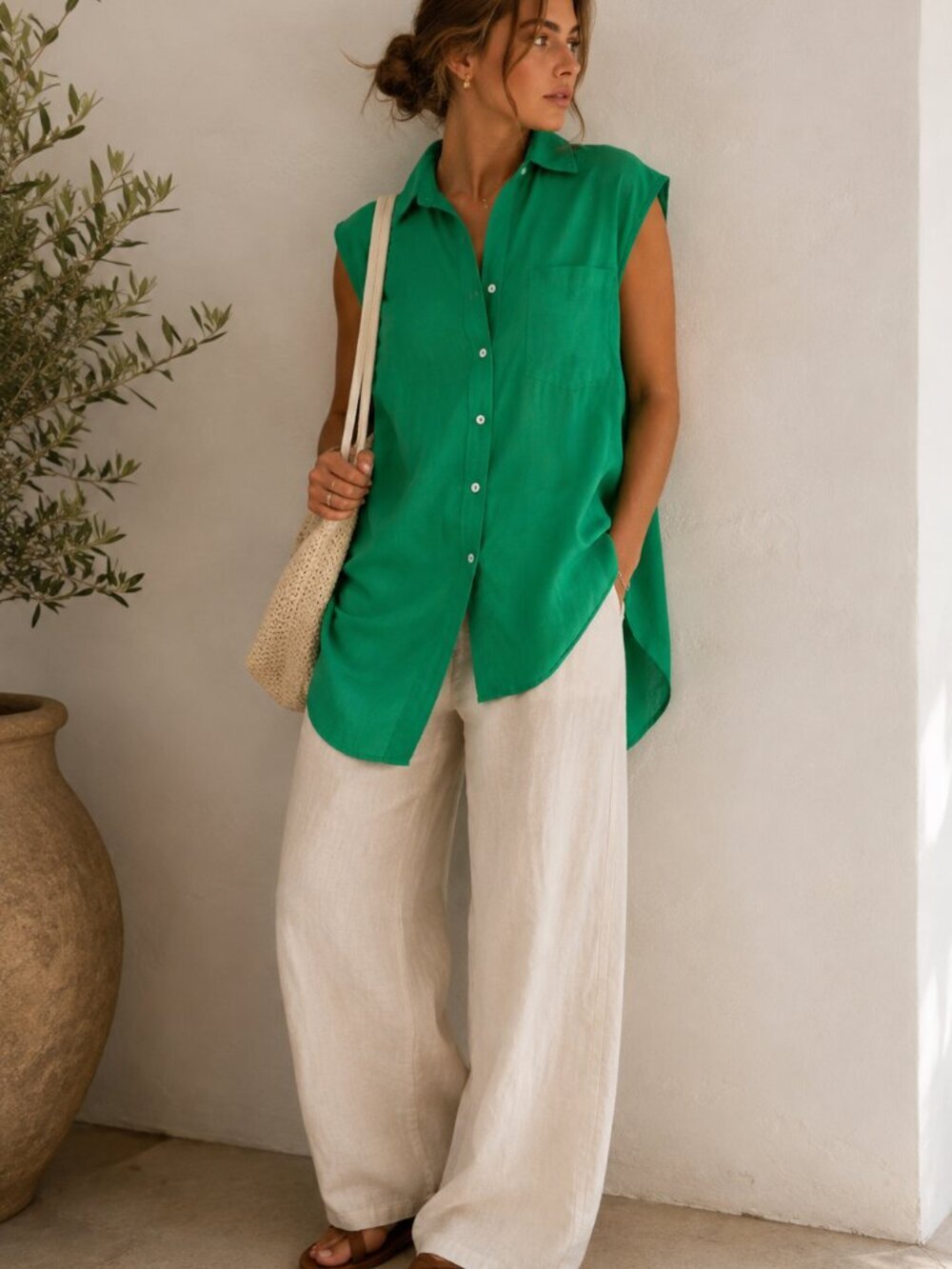 Maeve Anthropologie Green Oversized Button Down Tunic Blouse Petite Medium